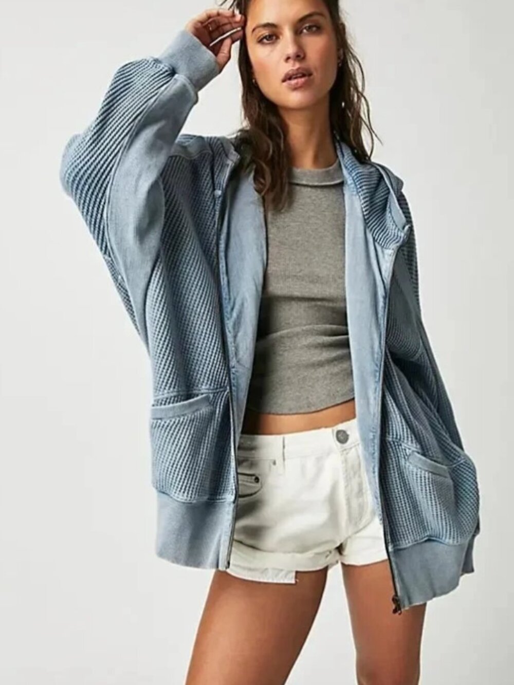 Free People FP One Ash Hoodie Jacket Mediterranean Zip Dolman Sleeves S